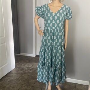Lucky Brand Elegant Teal Leaf Print Maxi Dress